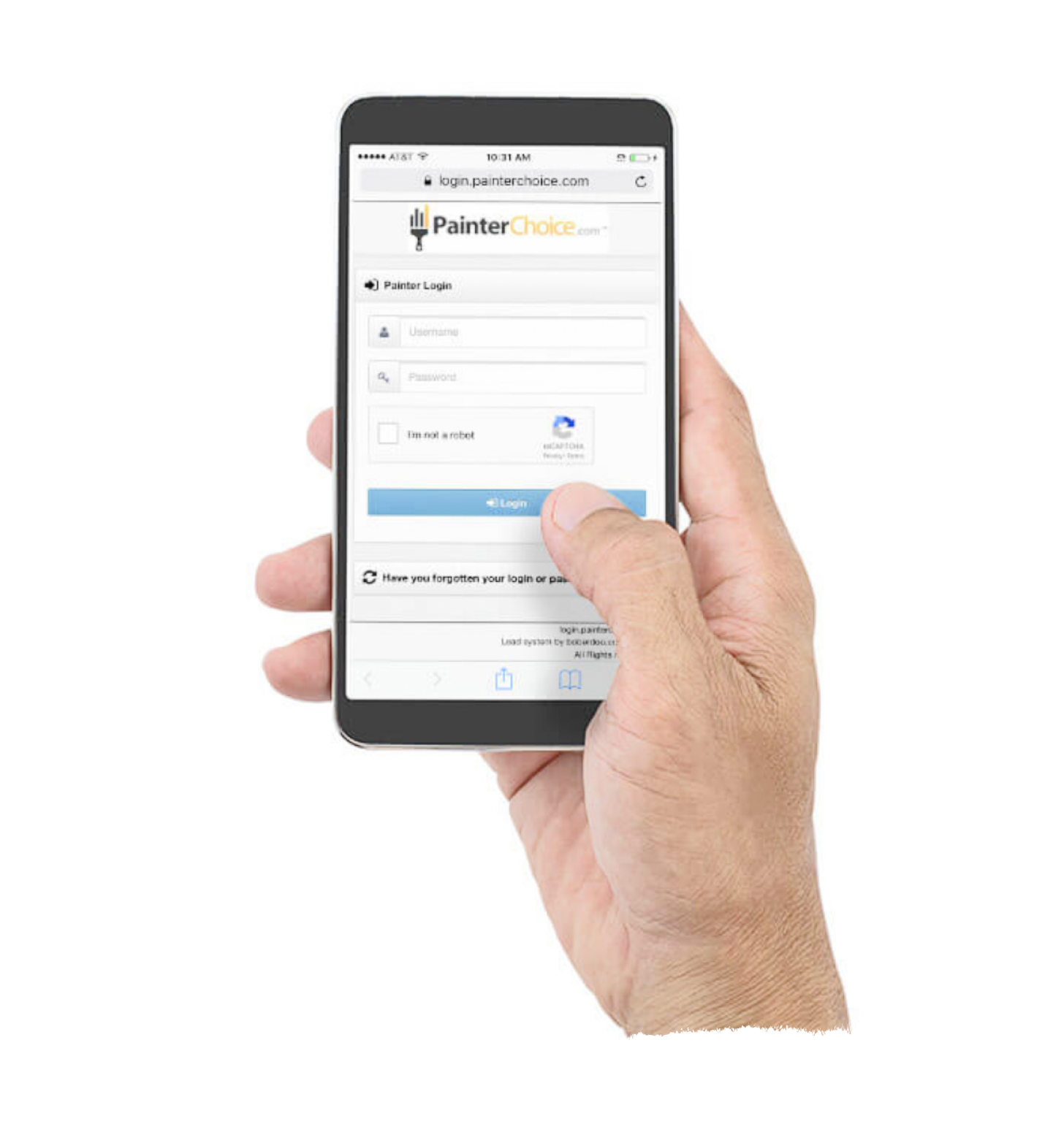 Image of a hand holding a phone with the PainterChoice app interface on it